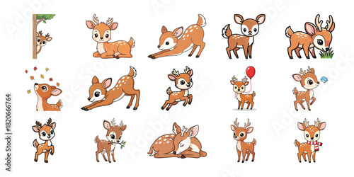 Collection of adorable baby deer illustrations in various poses and activities