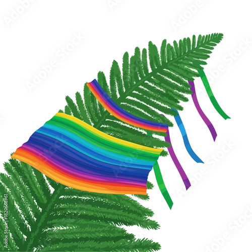 Vibrant Rainbow Banner Draped on Evergreen Frond