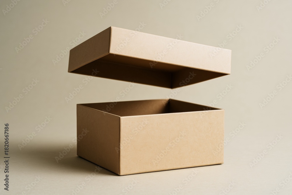 Naklejka premium Minimalistic cardboard box mockup with open lid floating above, isolated on clean light background for branding or product display presentation. Ai generative