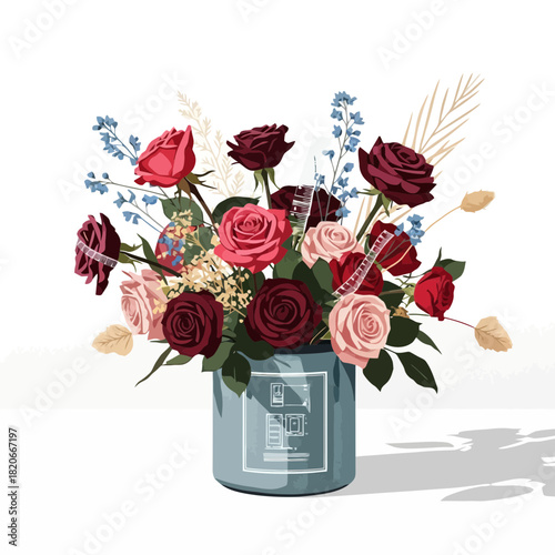 Luxury Rose Bouquet Vector Illustration Isolated on White