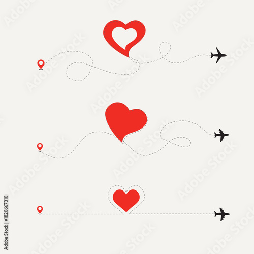 Set of Love airplane route. Heart dashed line trace and plane routes isolated. Romantic wedding travel, Honeymoon trip.