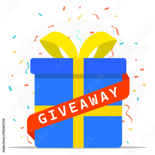 Blue gift with confetti, a festive giveaway, perfect for promotional materials, social media posts, and celebrationrelated designs.