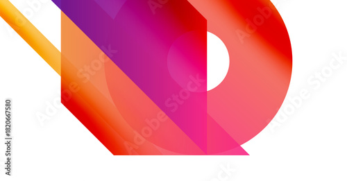 Abstract colorful shapes overlap, creating dynamic visual effect. Gradient hues blend, forming modern design element. Brightness contrasts sharply against white background.