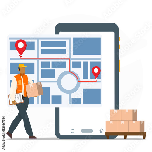 Delivery person with mobile phone and packages, ideal for online shopping, delivery services, courier apps, and technology concept.