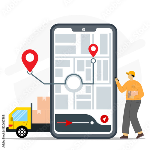 Delivery tracking app illustration with a driver and truck for logistics, transportation, technology, app development, online delivery business.