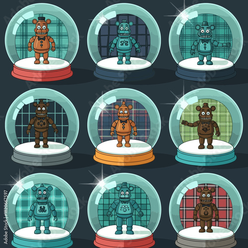 Nine Retro Animatronic Bears Inside Spheres