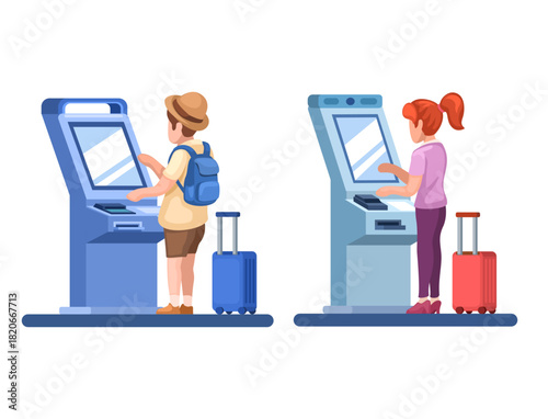 People Using Self Check-in Machines at Airport or Ticket Vending Kiosk Cartoon Illustration Vector