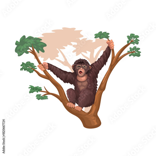 Vector illustration of a siamang monkey sitting on a tree branch with expressive posture and detailed fur. Ideal for wildlife designs, educational materials, and nature-themed graphics.
