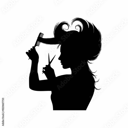 vector silhouette of woman combing hair with white background, design concept hair style