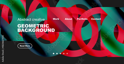 Abstract creative geometric background. Website header design features vibrant overlapping circles, text, navigation options, button.