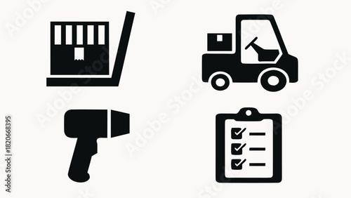 Flat vector illustration depicting logistics and warehouse operations with elements like boxes trucks forklifts and delivery vans suitable for business and industry themes
