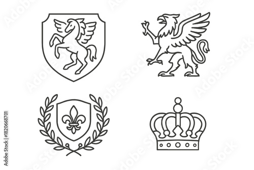 Set of heraldic symbols including Pegasus, Griffin, Fleur-de-lis, and royal crown outlines