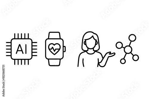 Technology icons set featuring chip, wearable device, molecular structure, and human figure