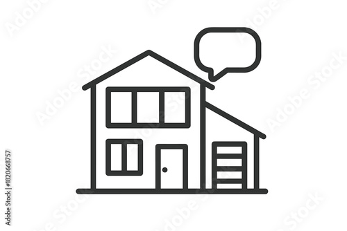 Modern two-story family house with garage and blank speech bubble for advice or communication
