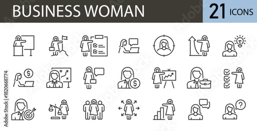 Business women related icons set including leadership, teamwork, presentation, communication, office work, success, and career development. outline icons,
