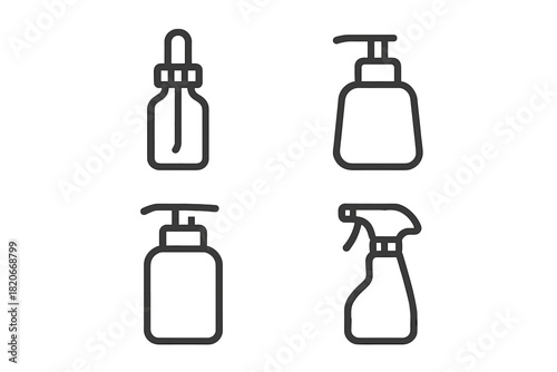 Outline icons of liquid dispenser bottles for cosmetics and household cleaning products