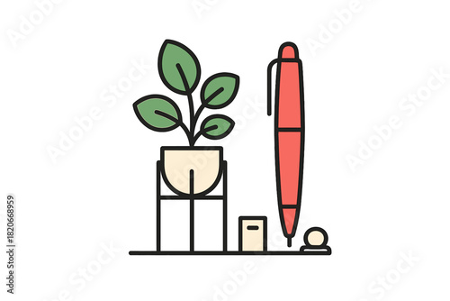 Small potted houseplant next to a large red writing pen and supplies