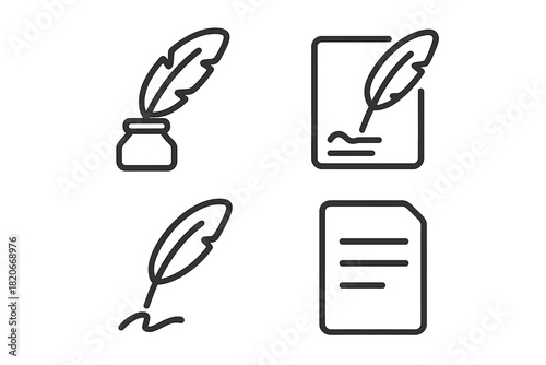 Traditional quill pen and inkwell line icons for writing and historical communication