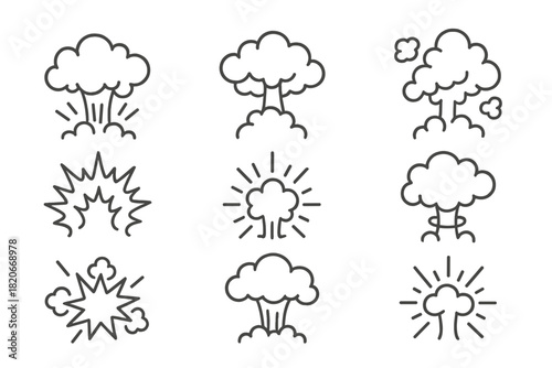 Set of outline icons showing explosion effects, nuclear blasts, and smoke clouds