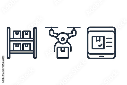 Logistics and delivery icons featuring warehouse storage, drone shipping, and mobile tracking interface