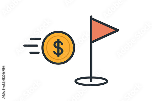 Dollar coin moving quickly toward a target flag symbolizing financial goal achievement