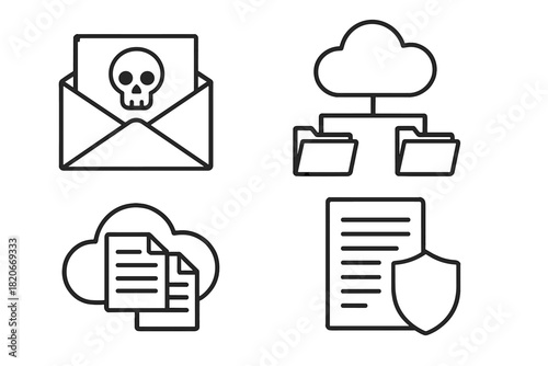 Digital security concepts including data protection, cloud storage, malware, and network threats