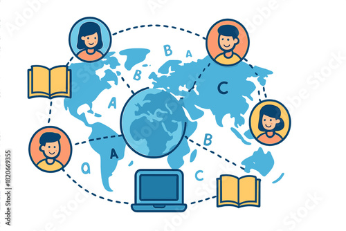 Global online education network connecting students and resources worldwide for distance learning