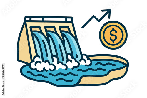 Hydroelectric dam generating renewable energy and financial growth symbolized by a rising dollar coin