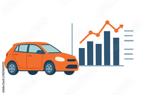Orange hatchback car with rising bar chart symbolizing automotive sales growth