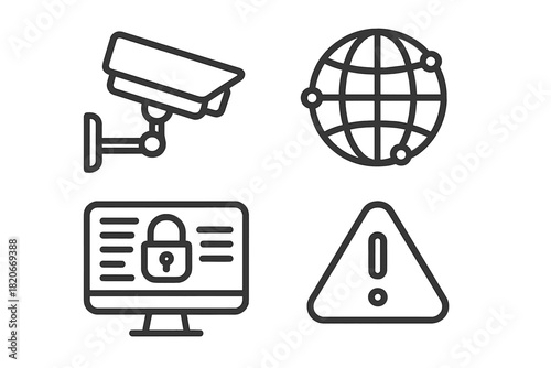 Line icons for digital security, global surveillance, data protection, and system alerts