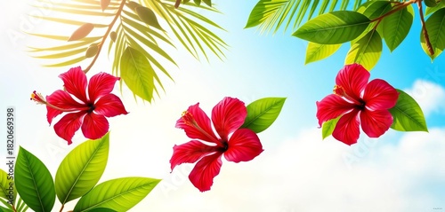 Vibrant hibiscus flowers and palm leaves on a bright, sunny gradient background,  element,  abstract