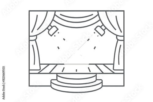 Empty theater stage with draped curtains and bright spotlights illuminating the performance platform