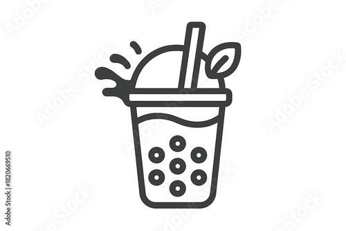 Refreshing boba tea beverage served in plastic cup with straw and leaf garnish