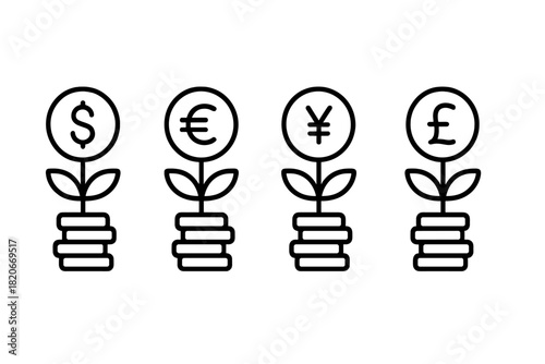 Global currency growth with dollar euro yen pound symbols sprouting from coin stacks