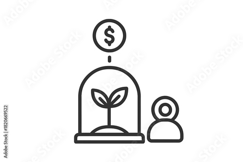 Secure financial investment growth concept showing a protected seedling sprout and dollar coin