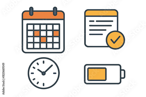 Digital icons for time management, scheduling, task completion, and battery power