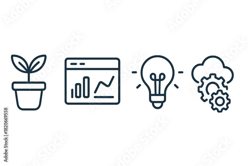 Business growth, data analysis, creative ideas, and cloud technology development symbols