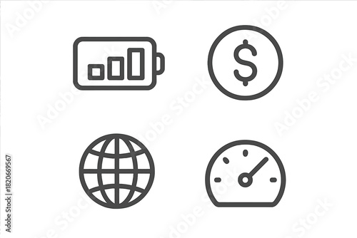 Outline icons representing essential business and technology concepts like battery, currency, and global network