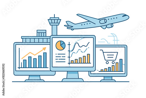 Data visualization of global logistics and business growth near an airport control tower