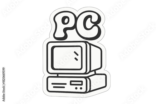 Retro personal computer desktop setup with PC text in a bold sticker design