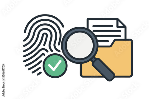Biometric fingerprint identification and data verification with magnifying glass and folder