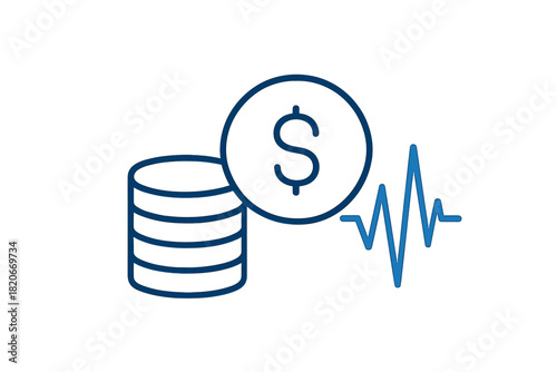 Dollar coins stacked with fluctuating pulse line graph symbolizing market volatility