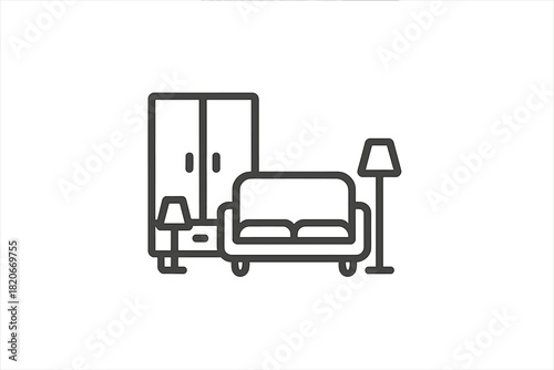 Simple interior furniture arrangement with couch, closet, and lighting fixtures