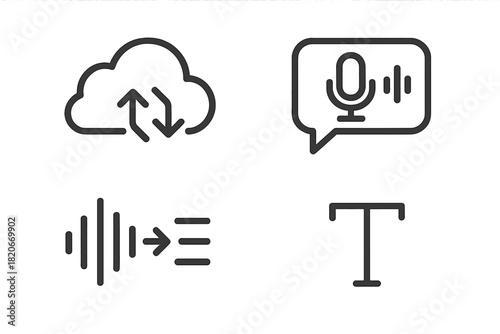 Digital technology icons for cloud storage, voice recognition, and text editing