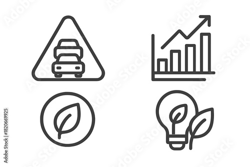 Outline symbols for environmental issues, traffic congestion, business growth, and green energy