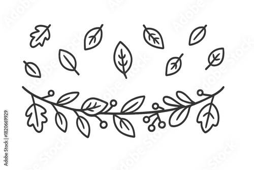 Hand drawn outline set of falling leaves and a decorative branch with berries