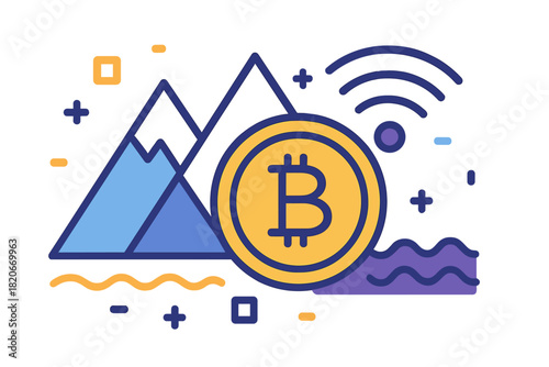 Bitcoin cryptocurrency mining concept with mountains and wireless network signal