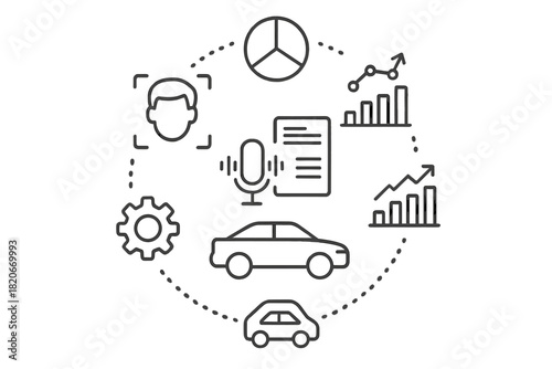 Automotive technology ecosystem featuring data analysis, voice interaction, and biometric security