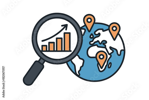 Magnifying glass analyzing global market growth and location data on a world map