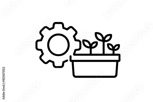 Sustainable development and growth symbol with gear and potted plant
